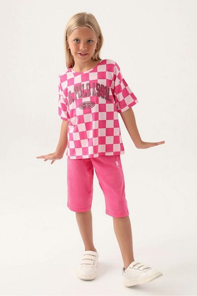 U.S. Polo Assn. Costum Capri pentru fete, cu licență, în carouri, roz praf, Polo Assn