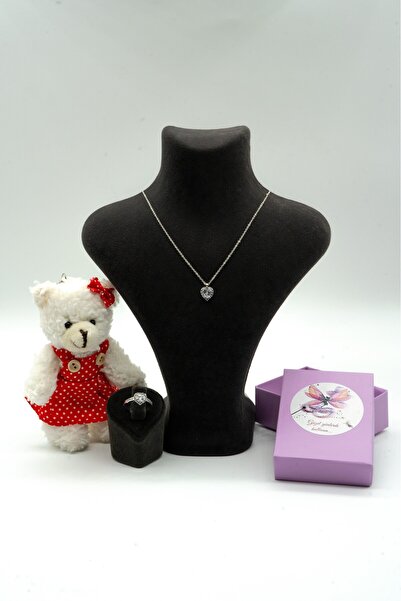 Perry Accesories gümüş zirkon kalp kolye bileklik ayıcık seti sevgililer günü...