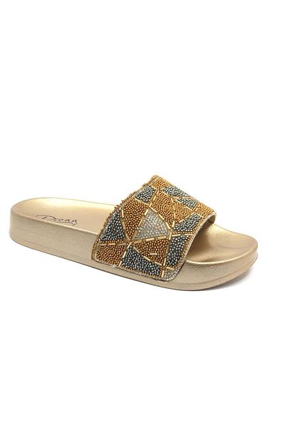 Kocamanlar Ayakkabı Pienn 20031-005 - Beaded Gold Slippers for Young Girls and Women