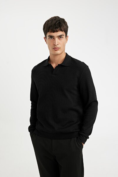 DeFacto Black Regular Fit Polo Collar Jacquard Knitwear Sweatshirt A9785Ax24Au
