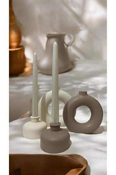 Porselian İki renk Bej Kahve El Yapımı Bohem Tarzı Dekoratif Vazo ve Şamdan M...