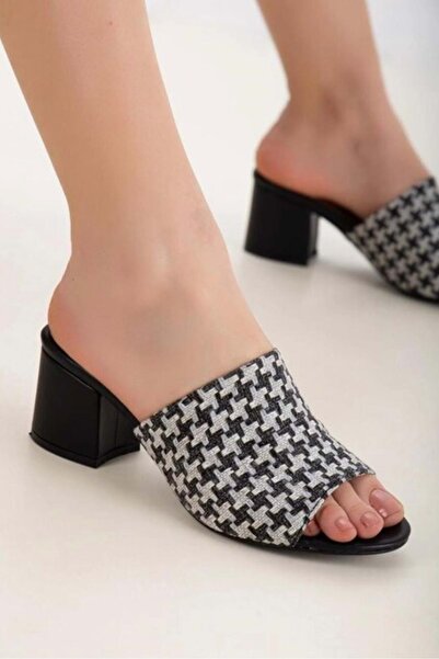 Kocamanlar Ayakkabı Feles Women's Heeled Slippers BLACK-WHITE