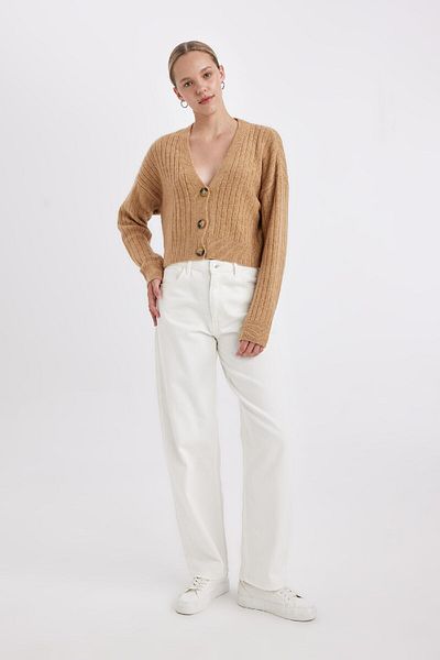 DeFacto Regular Fit V-Neck Basic Plain Button Knitwear Cardigan R1389Az24Wn