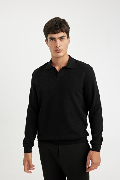 DeFacto Black Regular Fit Polo Collar Jacquard Knitwear Sweatshirt A9785Ax24Au