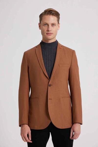 Twn Slim Fit Camel Armürlü Kumaş Ceket