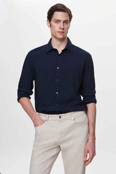 Twn Πουκάμισο Navy Blue Slim Fit Seersucker Easy Iron