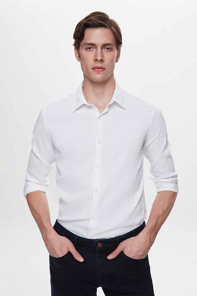 Twn Λευκό Slim Fit Seersucker Easy Iron πουκάμισο