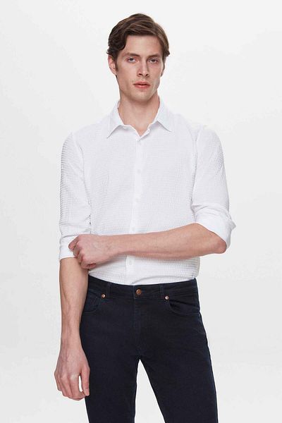Twn Λευκό Slim Fit Seersucker Easy Iron πουκάμισο