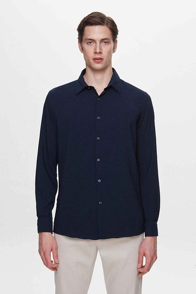 Twn Πουκάμισο Navy Blue Slim Fit Seersucker Easy Iron