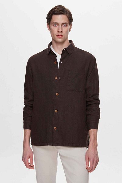 D'S Damat Ds Damat Comfort Fit Καφέ Μασίφ 100% Λινό Πουκάμισο