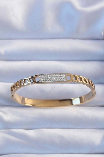 Moka Shopin Mokashopin Erb 316L Steel Gold Color Zircon Stone Chain Patterned Handcuffs