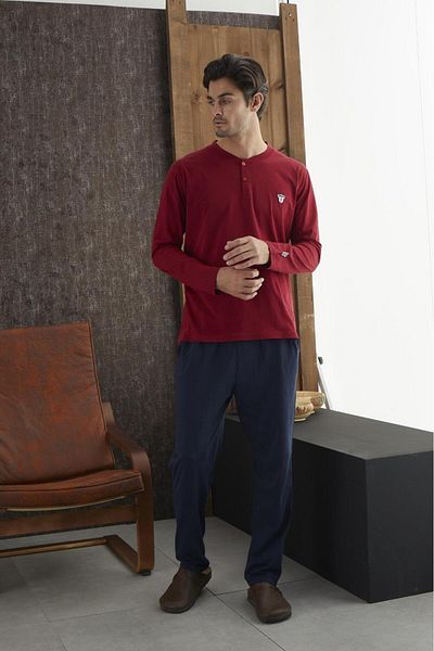 PİJAMOOD Pijamood 8713 Red Cotton Men's Pajama Set