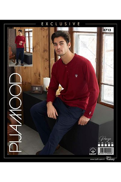 PİJAMOOD Pijamood 8713 Red Cotton Men's Pajama Set