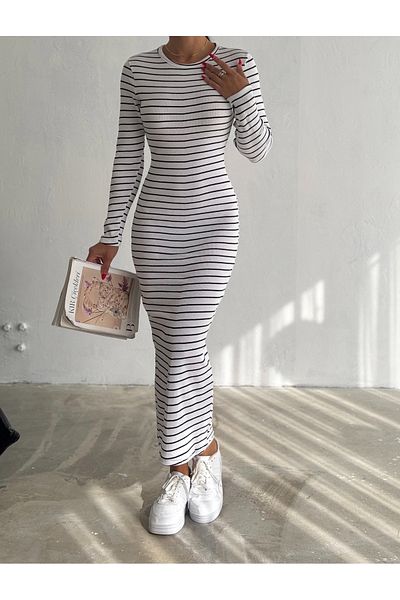 YUSUF CAN KARATAŞ KARATAŞ GİYİM Women's White Striped Long Sleeve Flexible Knitted Dress Suitable for Hijab Height 135 cm
