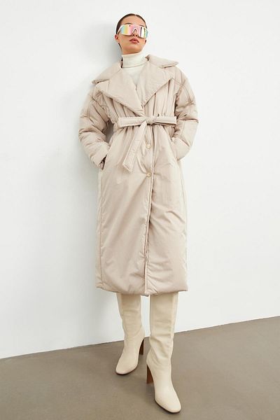 Setre Long Coat with Stone Waist and Cushion Collar Detail