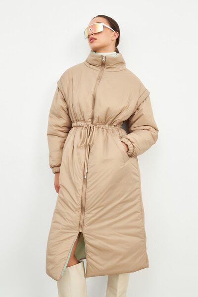Setre Μπεζ μακρύ πουπουλένιο παλτό με φερμουάρ