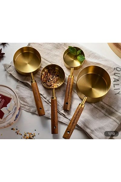 MİMOZA PARK Large Size Stainless Steel Measuring Set with Wooden Handle - 4-Piece Container, 60ml 80ml 125ml 250ml