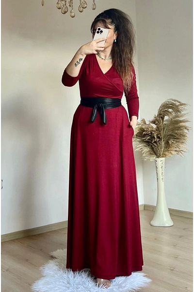 AZRA BUTİK Claret Red ίσιο φόρεμα - Ολόσωμο με ζώνη