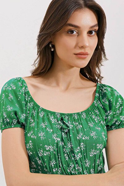 Bigdart 2427 Slit Floral Viscose Dress - Green