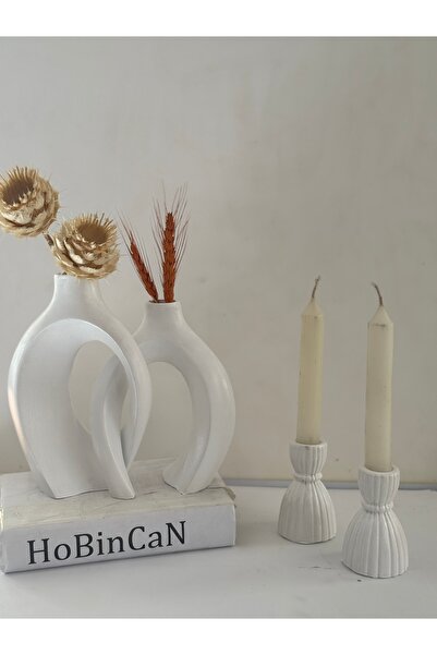 BLANJ Beyaz sarmaşık sevgili vazo, şamdan mumluklu set 22x16&17x14
