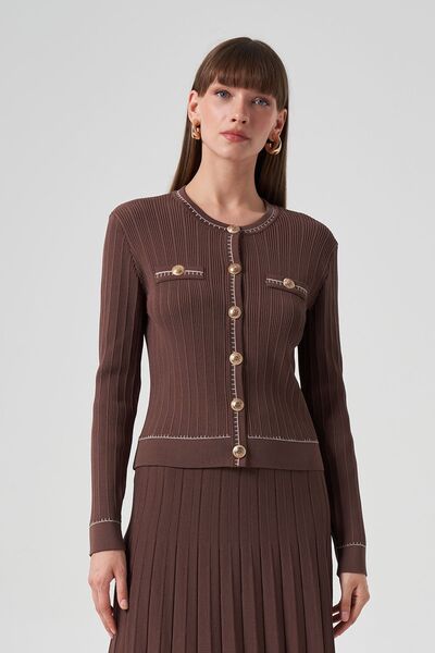 Nuss Mercerized Knitwear Button Detail Κοντή Ζακέτα 1115 Καφέ