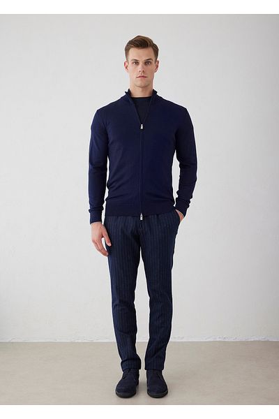 Boris Becker Navy Blue Colored Stand Collar Zippered Knitwear Cardigan