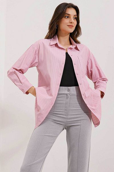 Bigdart 20217 Gestreiftes Oversize-Shirt mit Taschendetail - Puder