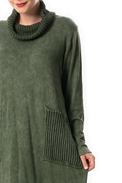 Eliş Şile Bezi Uzun Kol Sevda Geniş Boğazlı Sonbahar ve Kışlık Cepli Triko Elbise Haki Hk