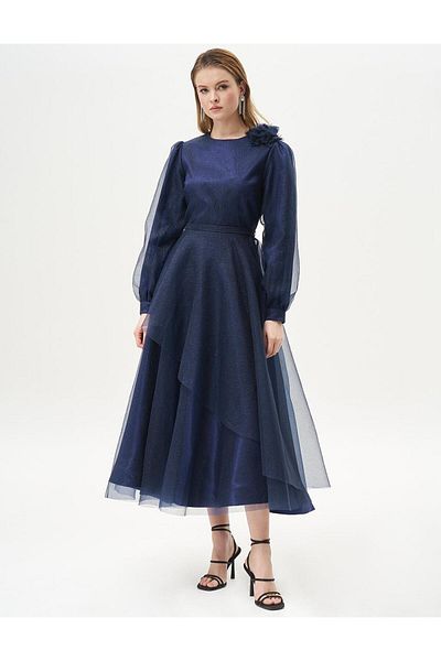 Kayra Glitter Tulle Layered Evening Dress Navy Blue