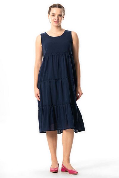 Eliş Şile Bezi Καλοκαιρινό φόρεμα Navy Blue Midi - ύφασμα Şile, Λεπτομέρεια βολάν, Αμάνικο Lcvt