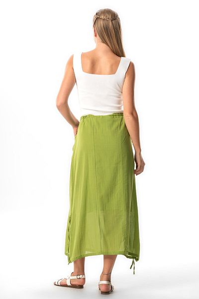 Eliş Şile Bezi Gökşen Midi Length Summer Authentic Skirt - with Voile Lacing and Rubber Detail, Pistachio Green Fysl