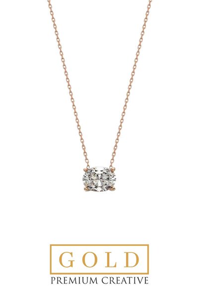 So CHIC... Oval Kesim 14 Ayar Rose Altın Sertifikalı Premium Created Taşlı 42 Cm Tektaş Kolye