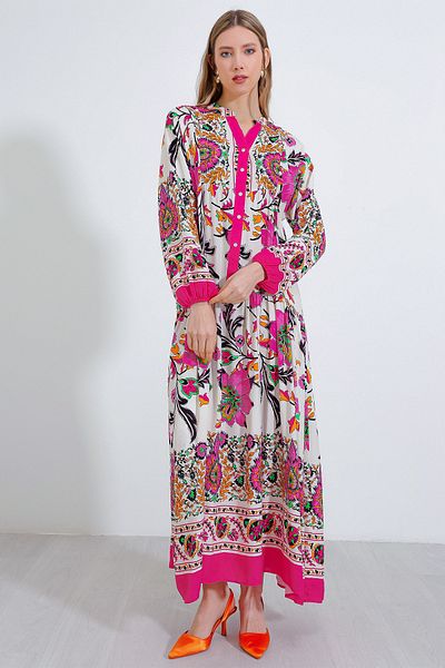 Bigdart Women's Fuchsia Cream Patterned Viscose Hijab Dress 2423