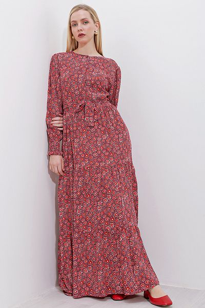 Bigdart 2374 Patterned Long Viscose Dress - Claret Red