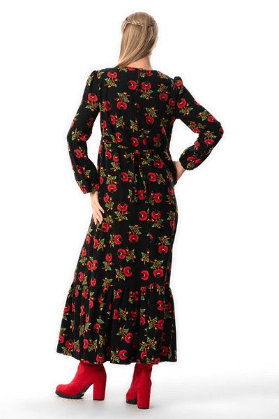 Eliş Şile Bezi Μαύρο Lily Print Μακρυμάνικο Φανελένιο Φόρεμα Νάρκισσος - Φθινόπωρο και Χειμώνας