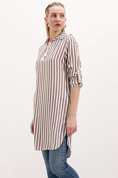 Bigdart Mink 5613 Model Collar Lace Up Striped Tunic