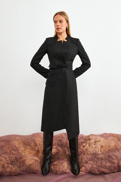 Setre Black Pocket and Button Detailed Striped Dress