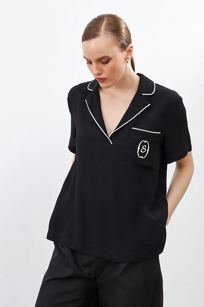 Setre Black Blouse with Pocket and Collar Detail