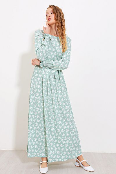 Bigdart Women's Green Ecru Floral Patterned Knitted Hijab Dress 1525