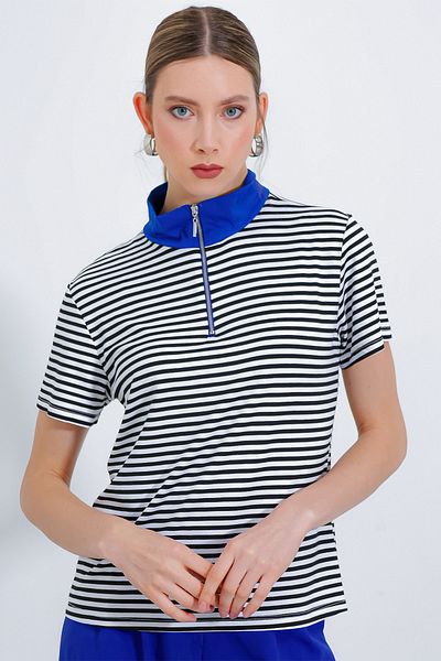 Bigdart Damen-T-Shirt Saks mit Polokragen und Reißverschluss, gestreift, 0497