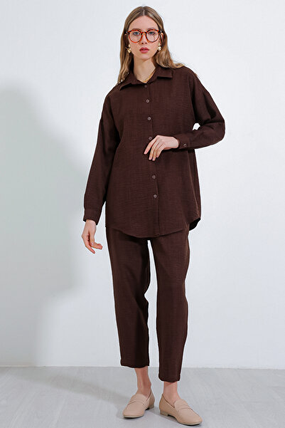 Bigdart Kadın Kahverengi Oversize Keten Alt Üst Takım 6622
