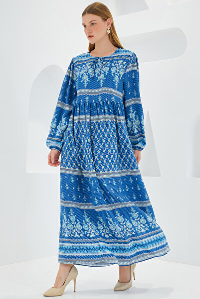 Bigdart Dámské modré ecru vzorované dlouhé viskózové šaty 1947