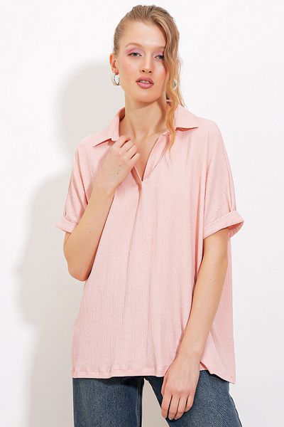 Bigdart Oversize dámská polo halenka v pudrové barvě - 0486