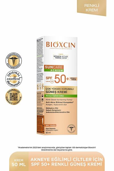 Bioxcin Sun Care - 50 SPF Sunscreen Prone to Acne - Colorful, Tinted, Dry Touch, Matte
