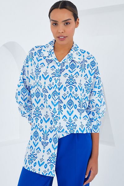 Bigdart Women's Blue and White Patterned Oversize Satin Shirt 3985