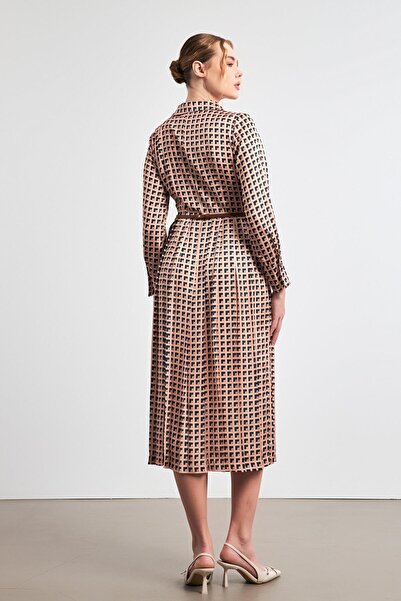 Setre Beige-Navy Blue Pleated Patterned Shirt Collar Belt Dress