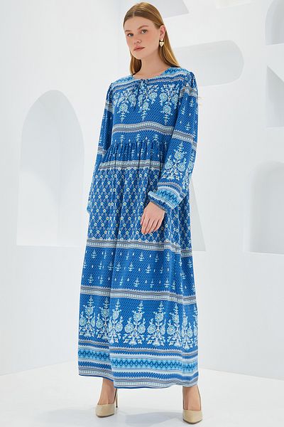 Bigdart 1947 Model Blue Ecru Patterned Viscose Women's Dress