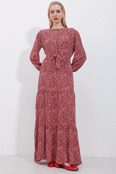 Bigdart 2374 Patterned Long Viscose Dress - Claret Red