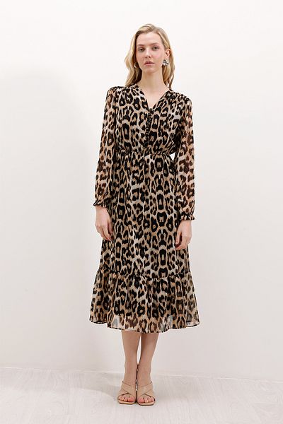 Bigdart 2137 Model Patterned Beige Chiffon Dress