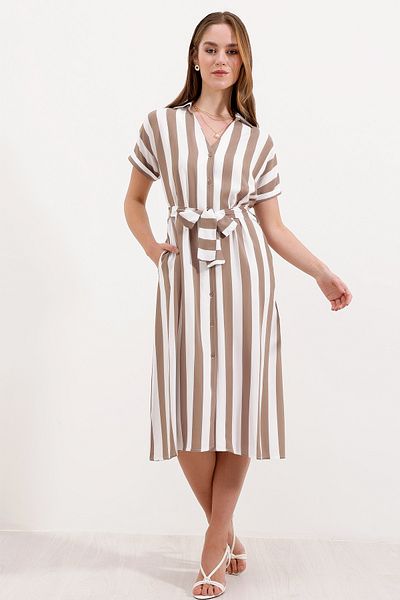 Bigdart 2456 Striped Shirt Dress - Beige